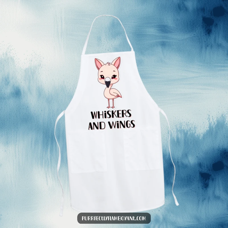 Funny kawaii flamingo with cat ears, playfully winking in an apron, a cute funny gift.