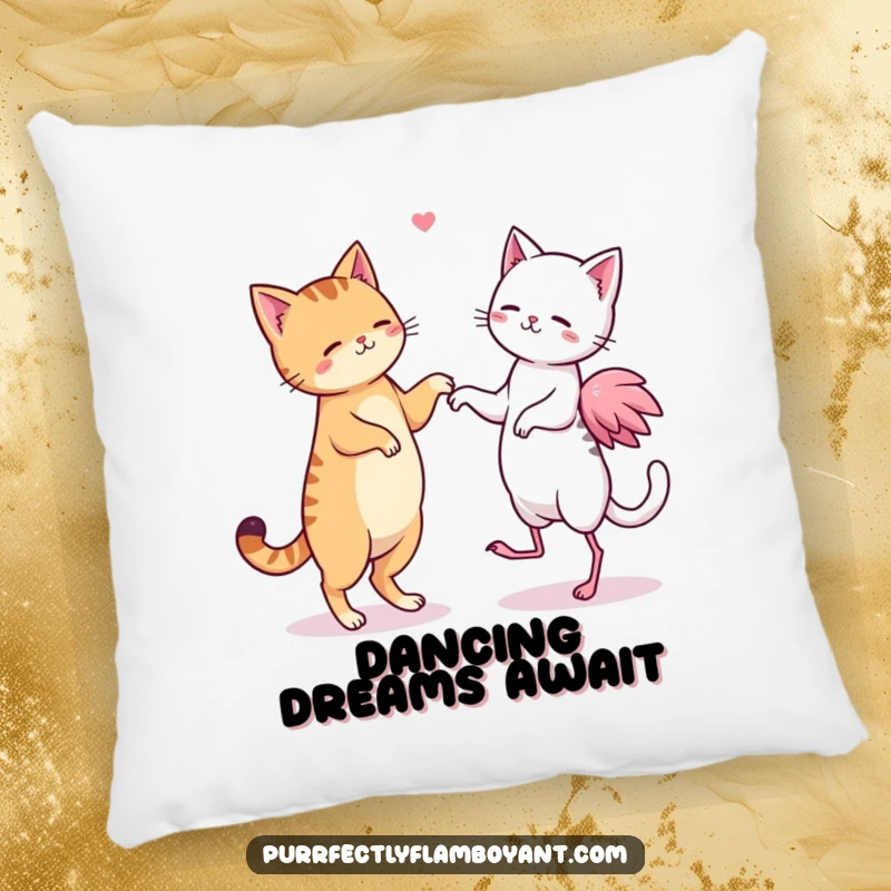 Funny kawaii cat and flamingo duo dancing on a soft pillow, a cozy funny gift.