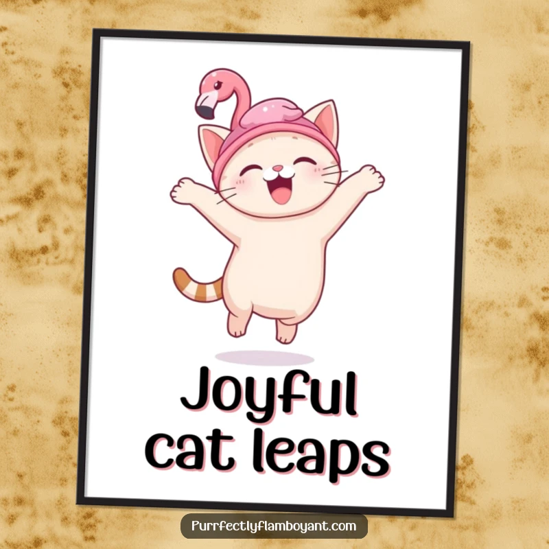 Funny kawaii cat with a flamingo hat, leaping joyfully in a digital print, a perfect funny gift.