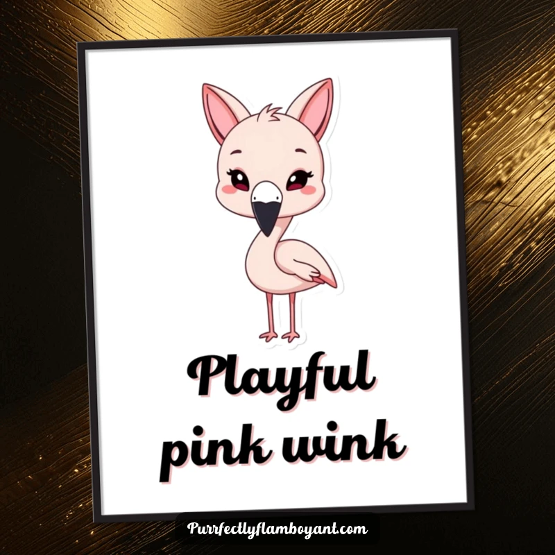 Funny kawaii flamingo with cat ears, playfully winking in a digital print, a perfect funny gift.