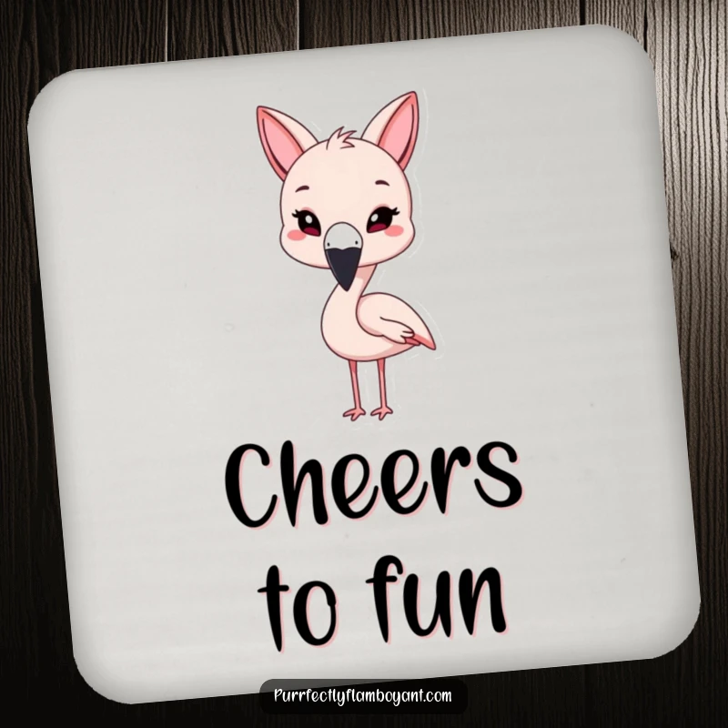 Funny kawaii flamingo with cat ears, playfully winking on coasters, a cute funny gift.
