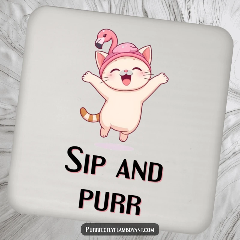Funny kawaii cat with a flamingo hat, leaping joyfully on coasters, a cute funny gift.