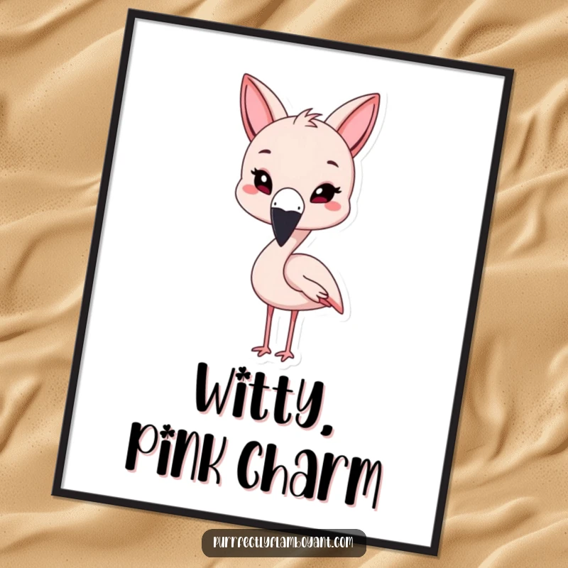 Funny kawaii flamingo with cat ears, playfully winking on a poster, a delightful funny gift.