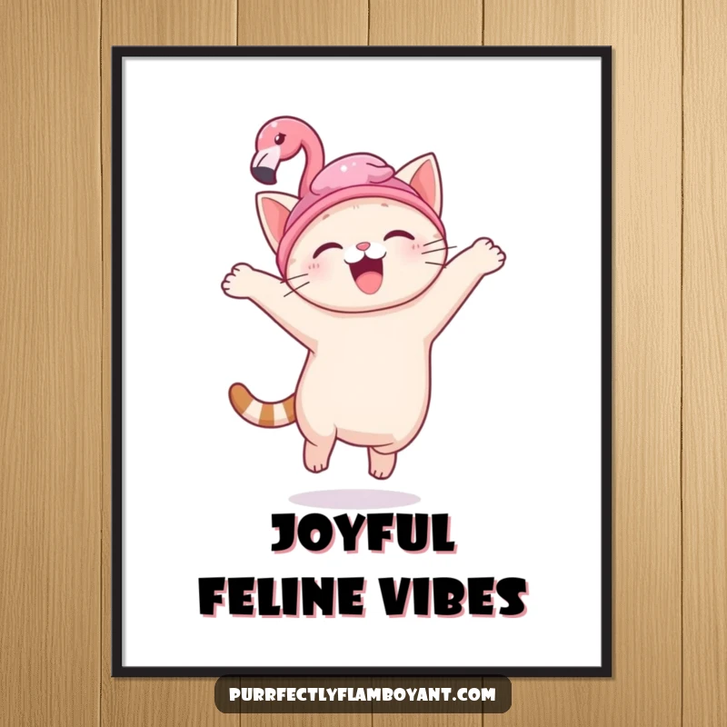 Funny kawaii cat in a flamingo hat, leaping joyfully on a poster, a delightful funny gift.