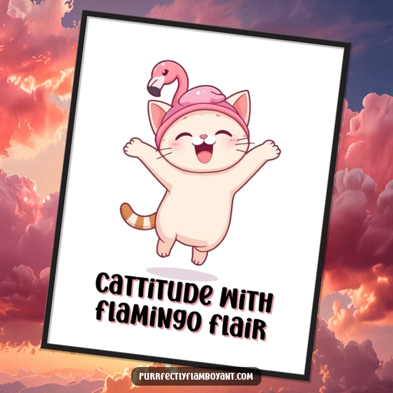 Funny free printable wall art of a kawaii cat wearing a small flamingo hat, captured mid-leap with pure happiness.