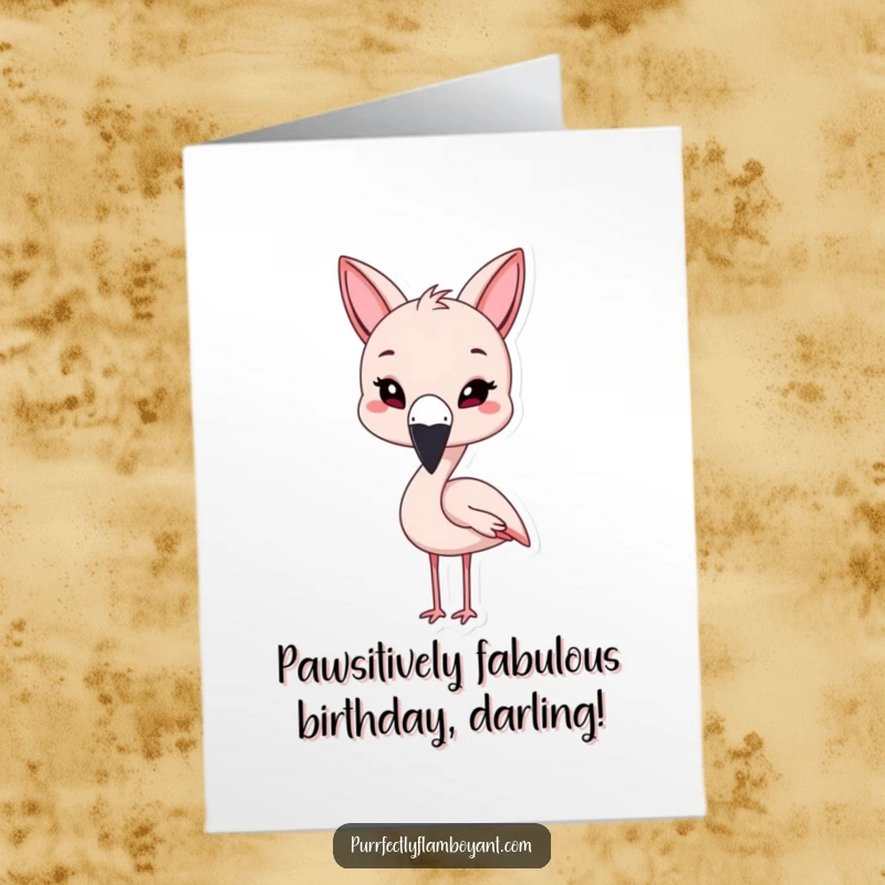 Funny free printable birthday card of a kawaii flamingo wearing oversized cat ears, winking playfully.