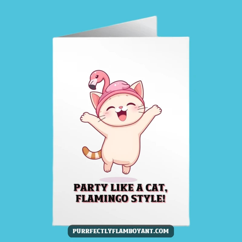 Free Printable Birthday Card: Joyful Kawaii Cat Flamingo Hat Downloadable Gift