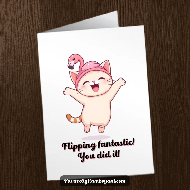 Funny free printable congratulations card featuring a kawaii cat wearing a small flamingo hat, jumping with elation.