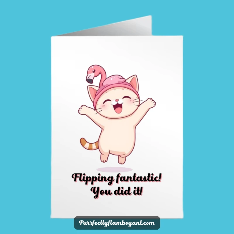 Free Printable Congrats Card: Happy Cat Flamingo Hat Downloadable Gift