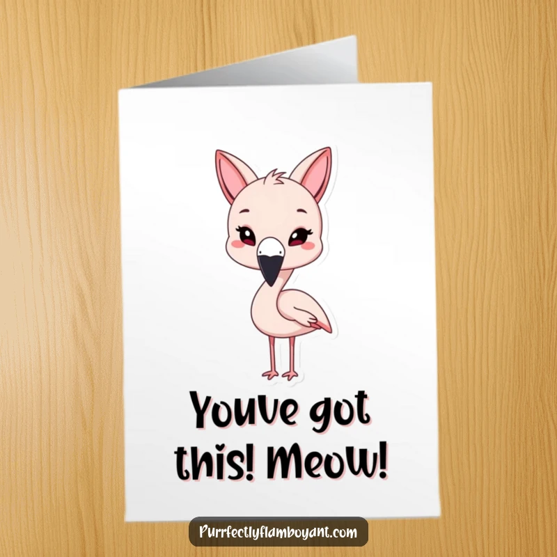 Funny free printable congratulations card featuring a kawaii flamingo with large cat ears giving a playful wink.