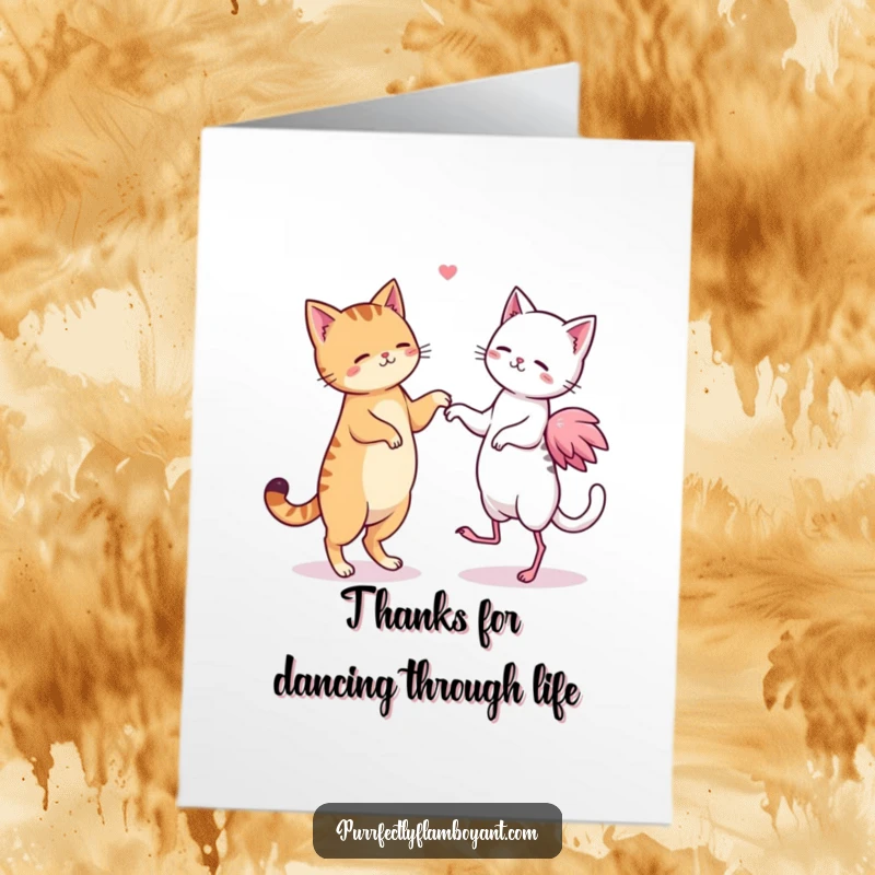 Funny free printable thank you card of kawaii cats and flamingos performing a silly, synchronized dance.