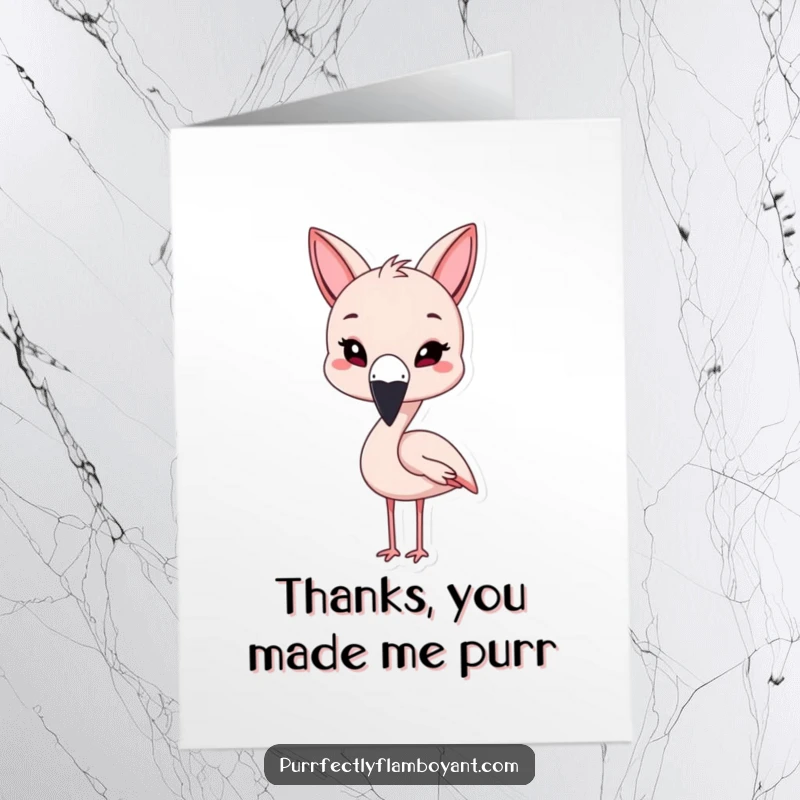 Funny free printable thank you card of a kawaii flamingo with oversized cat ears, winking playfully.