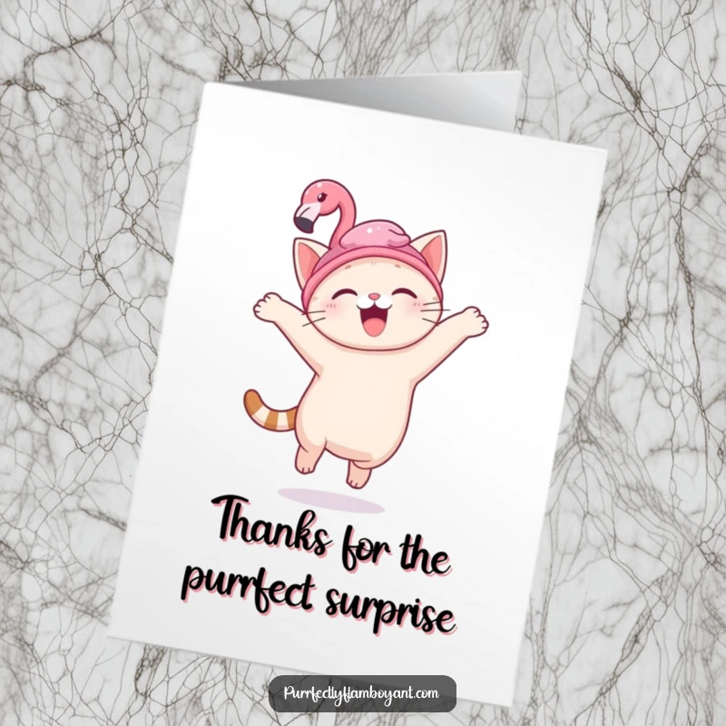 Funny free printable thank you card showing a kawaii cat in a tiny flamingo hat, leaping joyfully.