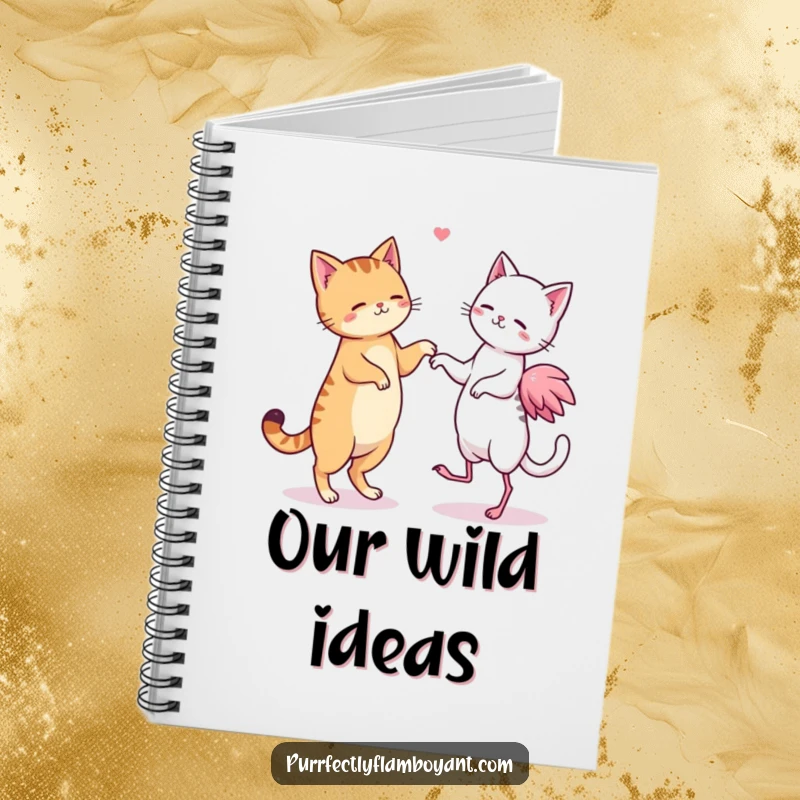Funny kawaii cat and flamingo duo dancing in a notebook, a useful funny gift.
