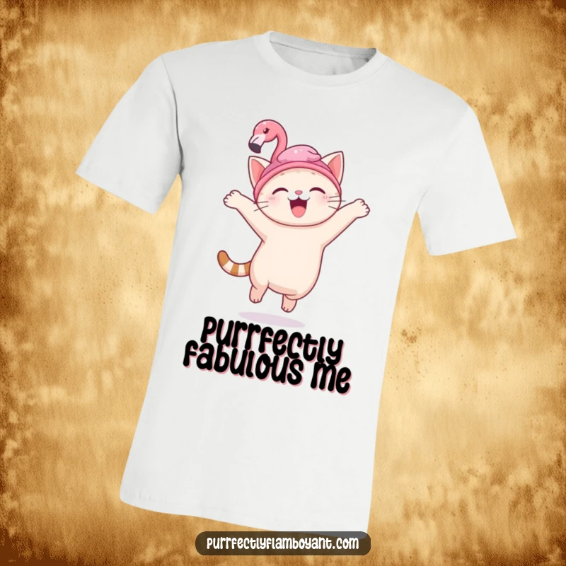 Funny kawaii cat with a tiny flamingo hat, joyfully leaping, a fun and funny gift.