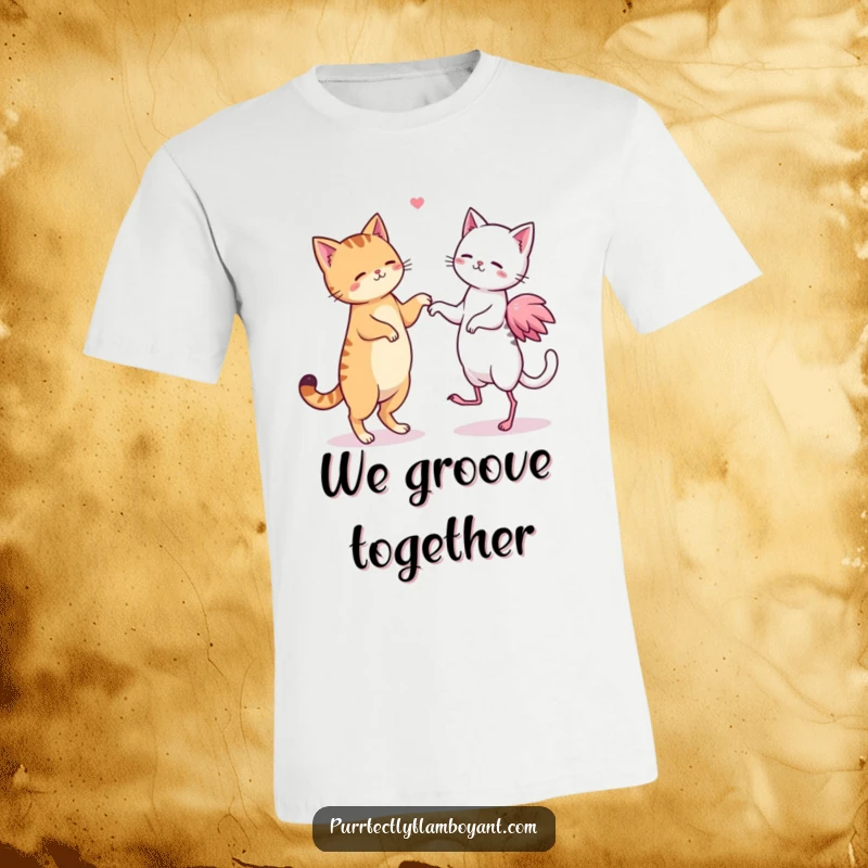 Funny kawaii cat and flamingo duo doing a synchronized silly dance, a fun and funny gift.