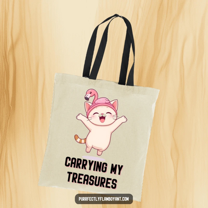 Funny kawaii cat with a flamingo hat, joyfully leaping with a tote, a cute funny gift.